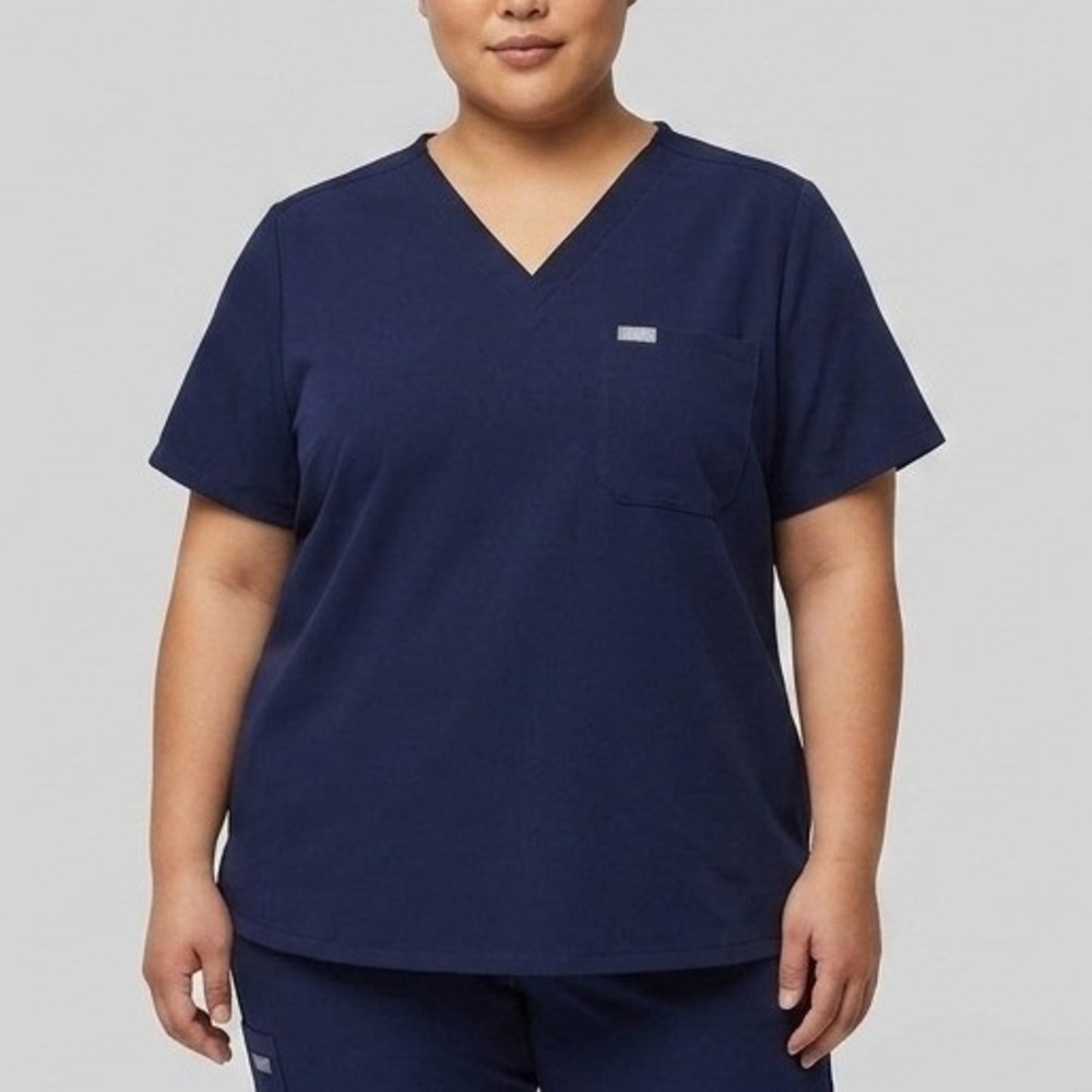 FIGS Womens XXL Scrub Top Navy Blue V-Neck Technical Collection Medical Pocket